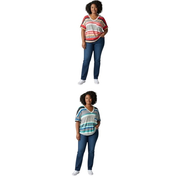 Two Casual V-Neck Short Sleeve Pullover Mulitcolor Striped Tops - NWOT - Picture 1 of 8